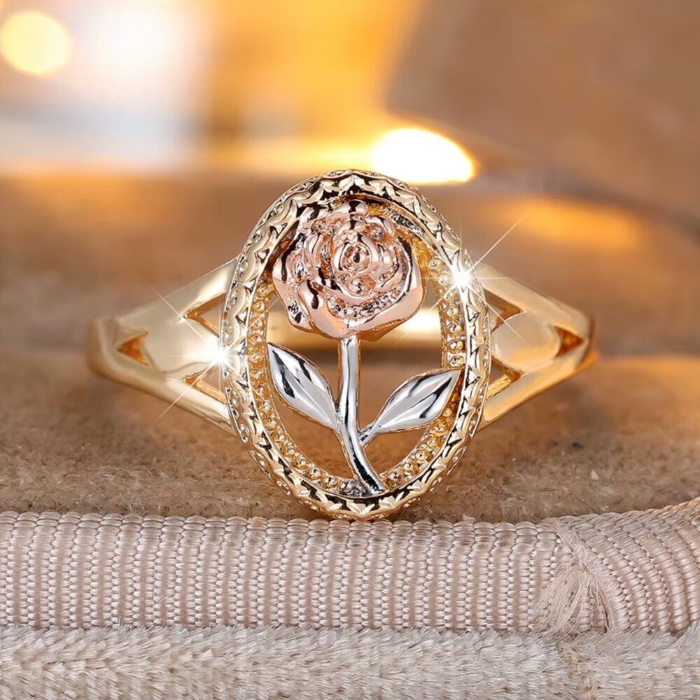NEW 18k Yellow White Rose Gold Rose Ring Flower Ring Band Tri Tone Ring